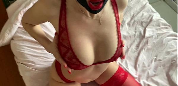  Amateur blowjob and ass fuck in a nylon mask and with red lipsFeralBerryy